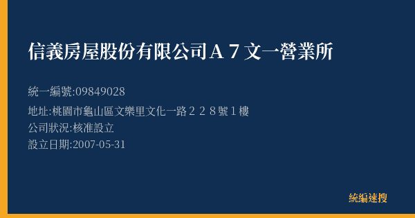 信義房屋股份有限公司A7文一營業所的照片-統編 09849028(桃園市) 公司登記資料與營業項目詳細圖表