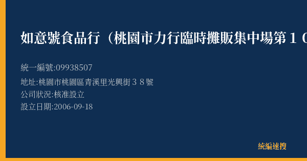 如意號食品行(桃園市力行臨時攤販集中場第10-13)的照片-統編 09938507(桃園市) 公司登記資料與營業項目詳細圖表