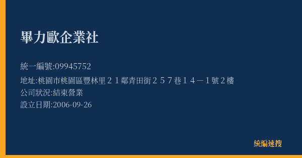 畢力歐企業社的照片-統編 09945752(桃園市) 公司登記資料與營業項目詳細圖表