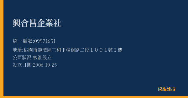 興合昌企業社的照片-統編 09971651(桃園市) 公司登記資料與營業項目詳細圖表