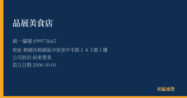品展美食店的照片-統編 09973665(桃園市) 公司登記資料與營業項目詳細圖表