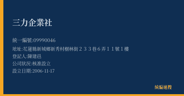 三力企業社的照片-統編 09990046(花蓮縣) 公司登記資料與營業項目詳細圖表