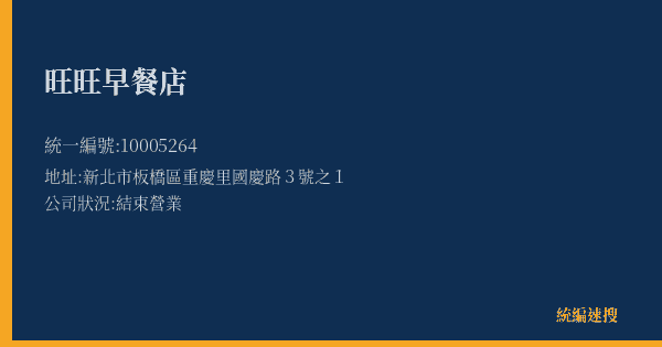 旺旺早餐店的照片-統編 10005264(新北市) 公司登記資料與營業項目詳細圖表