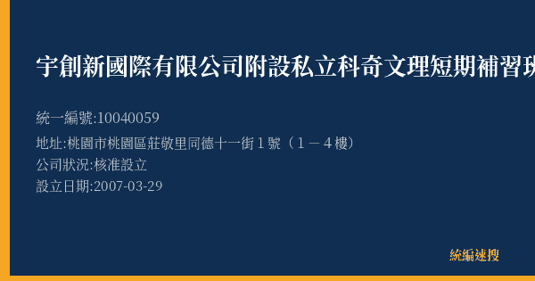 宇創新國際有限公司附設私立科奇文理短期補習班的照片-統編 10040059(桃園市) 公司登記資料與營業項目詳細圖表