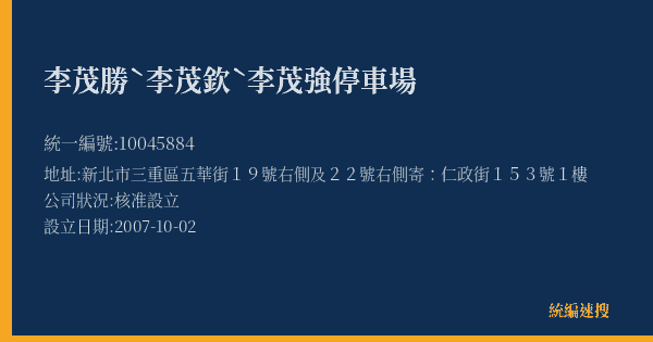 李茂勝ˋ李茂欽ˋ李茂強停車場的照片-統編 10045884(新北市) 公司登記資料與營業項目詳細圖表