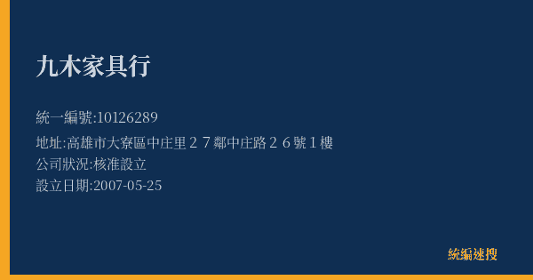 九木家具行的照片-統編 10126289(高雄市) 公司登記資料與營業項目詳細圖表