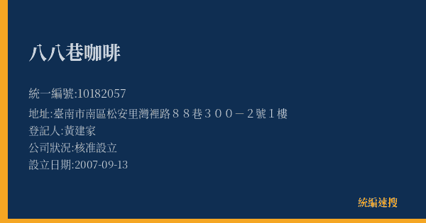 八八巷咖啡的照片-統編 10182057(臺南市) 公司登記資料與營業項目詳細圖表