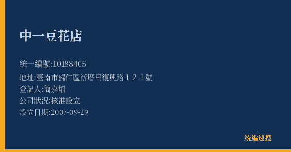 中一豆花店的照片-統編 10188405(臺南市) 公司登記資料與營業項目詳細圖表