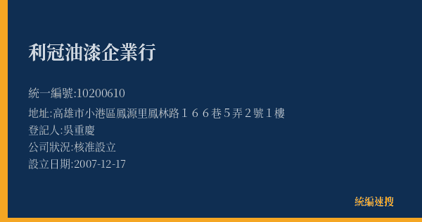 利冠油漆企業行的照片-統編 10200610(高雄市) 公司登記資料與營業項目詳細圖表