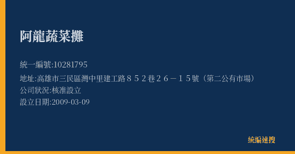 阿龍蔬菜攤的照片-統編 10281795(高雄市) 公司登記資料與營業項目詳細圖表