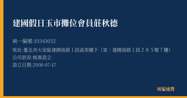 建國假日玉市攤位會員莊秋德的照片-統編 10343032(臺北市) 公司登記資料與營業項目詳細圖表