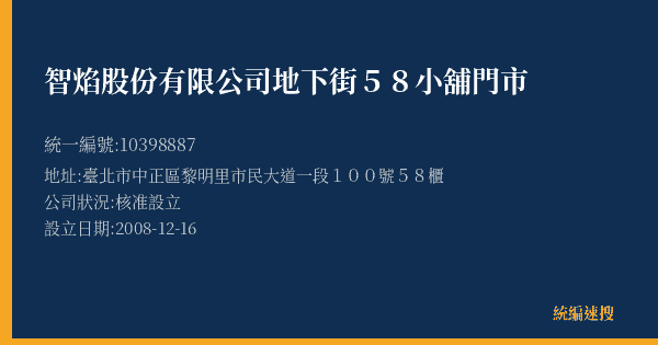 智焰股份有限公司地下街58小舖門市的照片-統編 10398887(臺北市) 公司登記資料與營業項目詳細圖表
