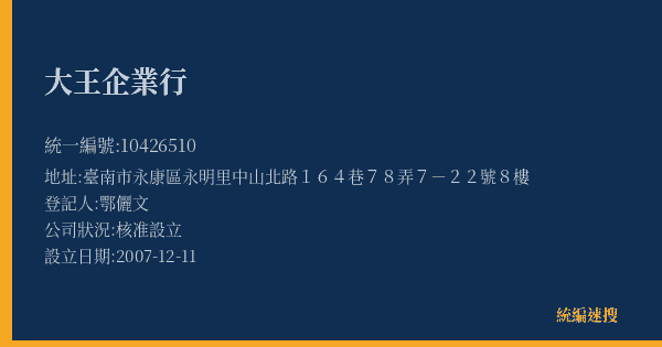 大王企業行的照片-統編 10426510(臺南市) 公司登記資料與營業項目詳細圖表