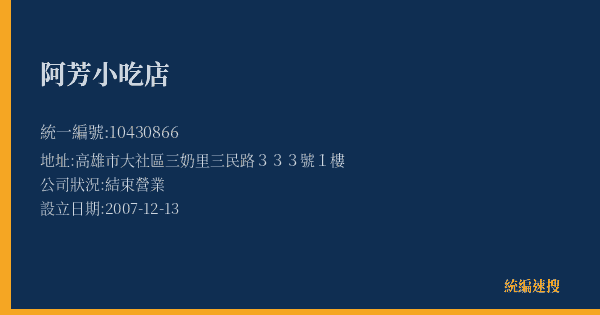 阿芳小吃店的照片-統編 10430866(高雄市) 公司登記資料與營業項目詳細圖表