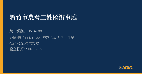 新竹市農會三姓橋辦事處的照片-統編 10514788(新竹市) 公司登記資料與營業項目詳細圖表