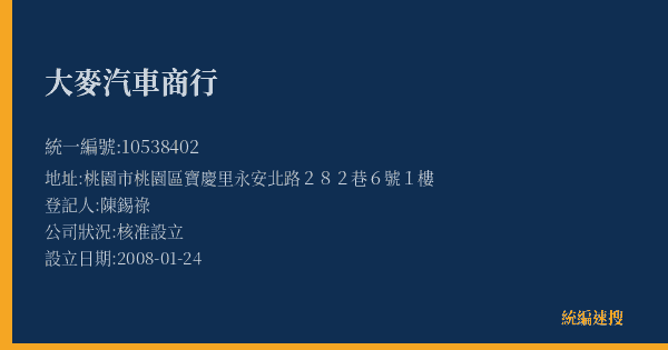大麥汽車商行的照片-統編 10538402(桃園市) 公司登記資料與營業項目詳細圖表