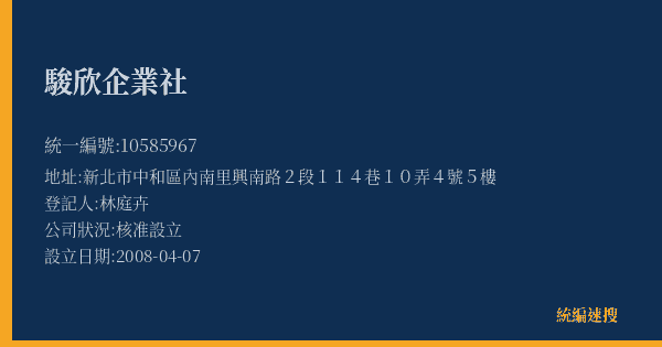 駿欣企業社的照片-統編 10585967(新北市) 公司登記資料與營業項目詳細圖表