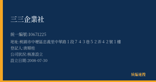 三三企業社的照片-統編 10671225(桃園市) 公司登記資料與營業項目詳細圖表