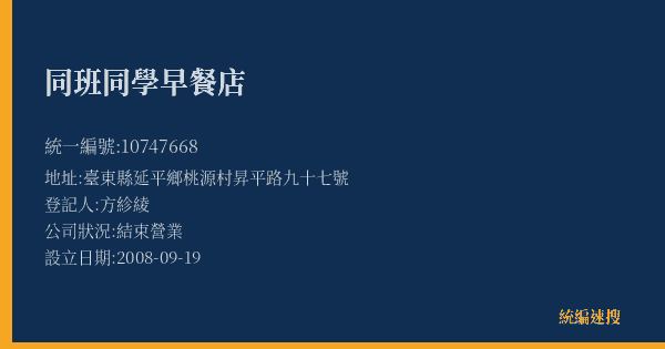 同班同學早餐店的照片-統編 10747668(臺東縣) 公司登記資料與營業項目詳細圖表