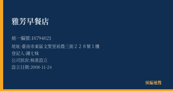 雅芳早餐店的照片-統編 10794021(臺南市) 公司登記資料與營業項目詳細圖表