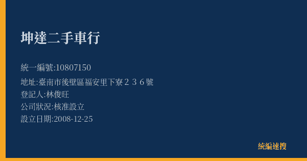 坤達二手車行的照片-統編 10807150(臺南市) 公司登記資料與營業項目詳細圖表