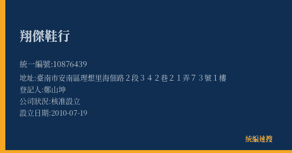 翔傑鞋行的照片-統編 10876439(臺南市) 公司登記資料與營業項目詳細圖表