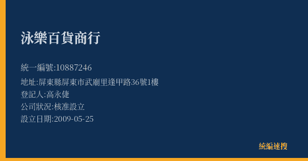 泳樂百貨商行的照片-統編 10887246(屏東縣) 公司登記資料與營業項目詳細圖表