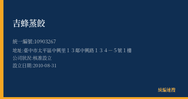 吉蜂蒸餃的照片-統編 10903267(臺中市) 公司登記資料與營業項目詳細圖表