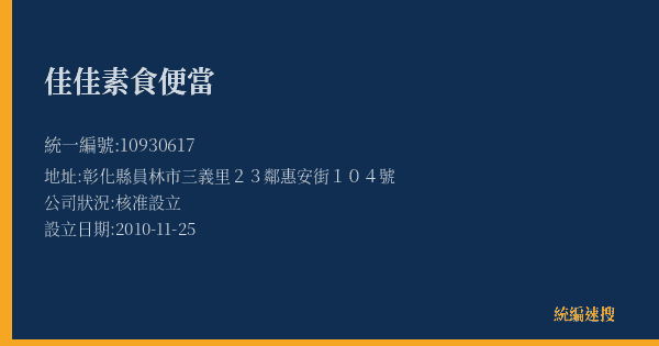 佳佳素食便當的照片-統編 10930617(彰化縣) 公司登記資料與營業項目詳細圖表