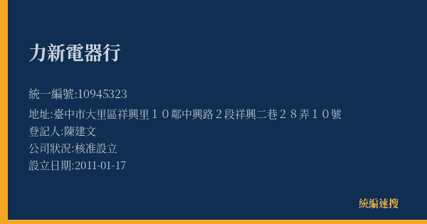 力新電器行的照片-統編 10945323(臺中市) 公司登記資料與營業項目詳細圖表