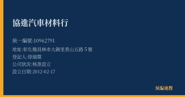 協進汽車材料行的照片-統編 10962791(彰化縣) 公司登記資料與營業項目詳細圖表