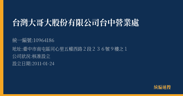 台灣大哥大股份有限公司台中營業處的照片-統編 10964186(臺中市) 公司登記資料與營業項目詳細圖表