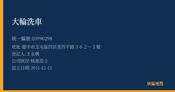 大輪洗車的照片-統編 10990298(臺中市) 公司登記資料與營業項目詳細圖表