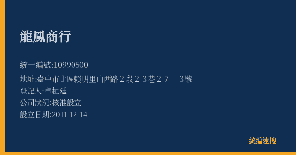 龍鳳商行的照片-統編 10990500(臺中市) 公司登記資料與營業項目詳細圖表