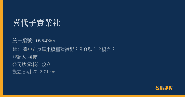 喜代子實業社的照片-統編 10994365(臺中市) 公司登記資料與營業項目詳細圖表