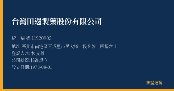 台灣田邊製藥股份有限公司的照片-統編 11920905(臺北市) 公司登記資料與營業項目詳細圖表