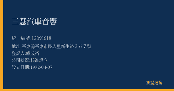 三慧汽車音響的照片-統編 12091618(臺東縣) 公司登記資料與營業項目詳細圖表