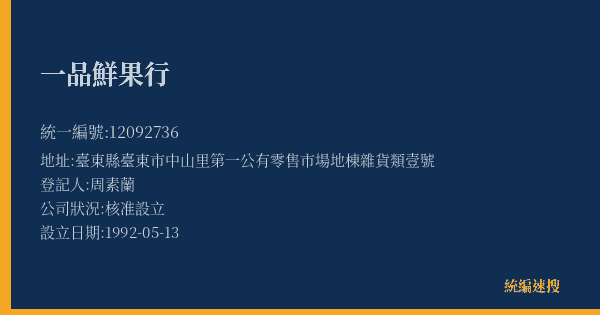 一品鮮果行的照片-統編 12092736(臺東縣) 公司登記資料與營業項目詳細圖表