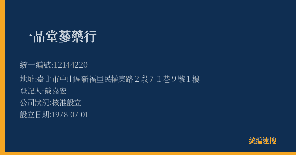 一品堂蔘藥行的照片-統編 12144220(臺北市) 公司登記資料與營業項目詳細圖表
