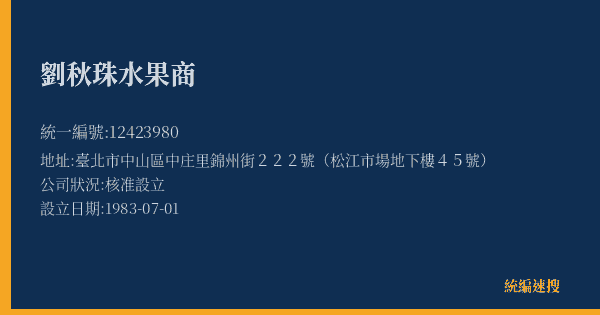 劉秋珠水果商的照片-統編 12423980(臺北市) 公司登記資料與營業項目詳細圖表