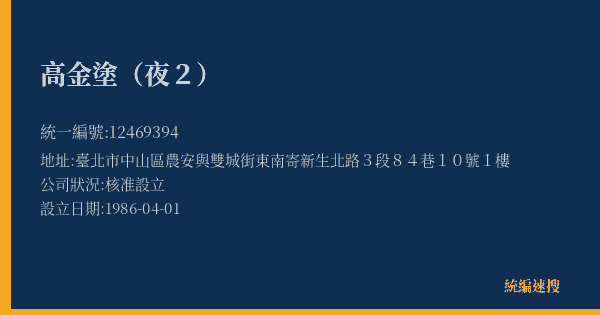高金塗(夜2)的照片-統編 12469394(臺北市) 公司登記資料與營業項目詳細圖表