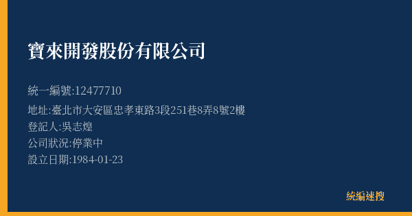 寶來開發股份有限公司的照片-統編 12477710(臺北市) 公司登記資料與營業項目詳細圖表