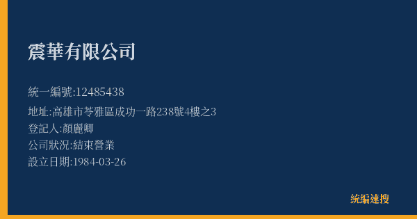 震華有限公司的照片-統編 12485438(高雄市) 公司登記資料與營業項目詳細圖表