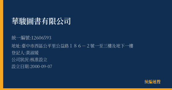 華駿圖書有限公司的照片-統編 12606593(臺中市) 公司登記資料與營業項目詳細圖表