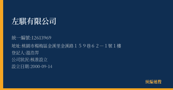 左騏有限公司的照片-統編 12613969(桃園市) 公司登記資料與營業項目詳細圖表