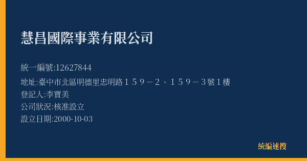 慧昌國際事業有限公司的照片-統編 12627844(臺中市) 公司登記資料與營業項目詳細圖表