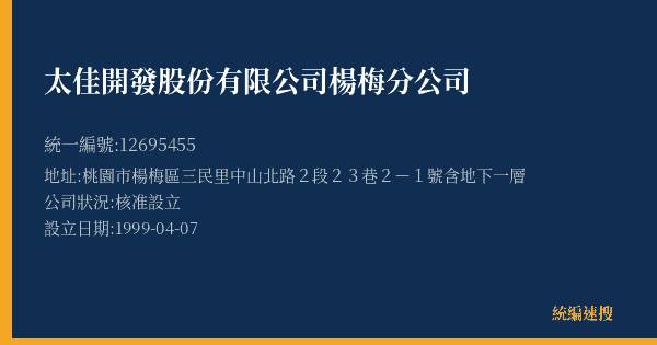 太佳開發股份有限公司楊梅分公司的照片-統編 12695455(桃園市) 公司登記資料與營業項目詳細圖表