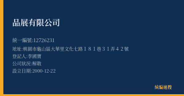品展有限公司的照片-統編 12726231(桃園市) 公司登記資料與營業項目詳細圖表