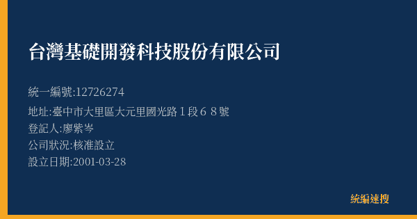 台灣基礎開發科技股份有限公司的照片-統編 12726274(臺中市) 公司登記資料與營業項目詳細圖表