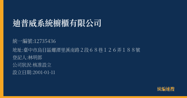 迪普威系統櫥櫃有限公司的照片-統編 12735436(臺中市) 公司登記資料與營業項目詳細圖表